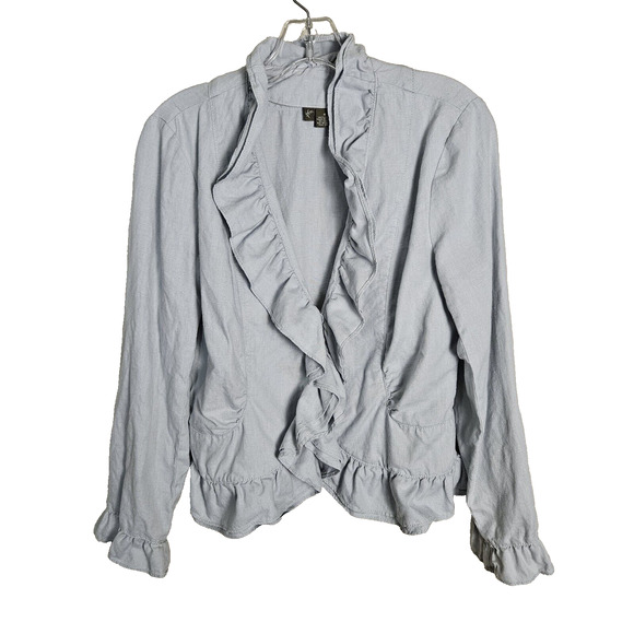 FEI Anthropologie Linen Jacket Blazer Size 8 Ruffle Lightweight Designer Coastal - Picture 2 of 15